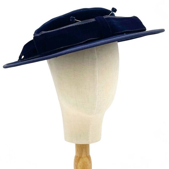 Vintage Makoff Salt Lake City Navy Blue Velvet Hat 22 1/2 Wide Brim Ribbon Bow - Picture 15 of 15